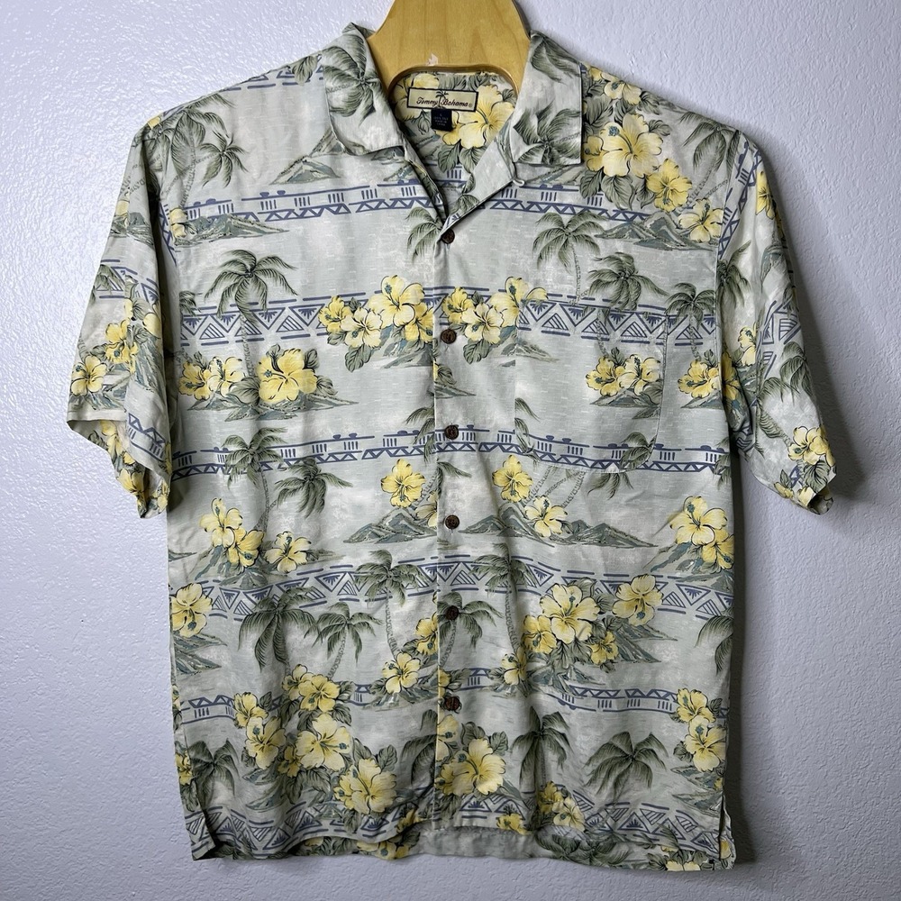Tommy Bahama Large Yellow Hibiscus Palm Tree Tropical Silk Button Up Camp Shirt - Picture 2 of 7